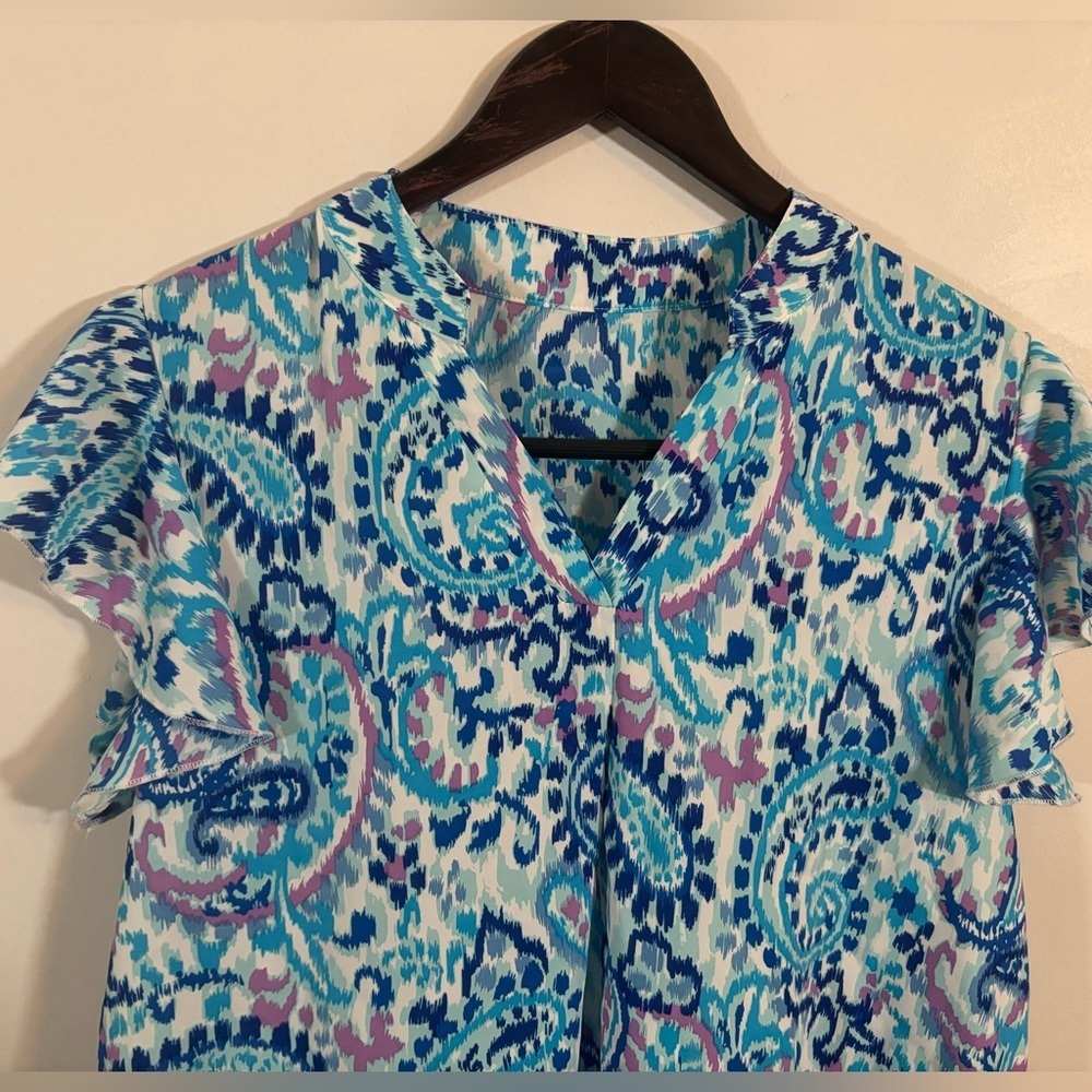 Boho Paisley Flutter Sleeve V-Neck Blouse Top Blue Pink Size Large - Picture 2 of 8